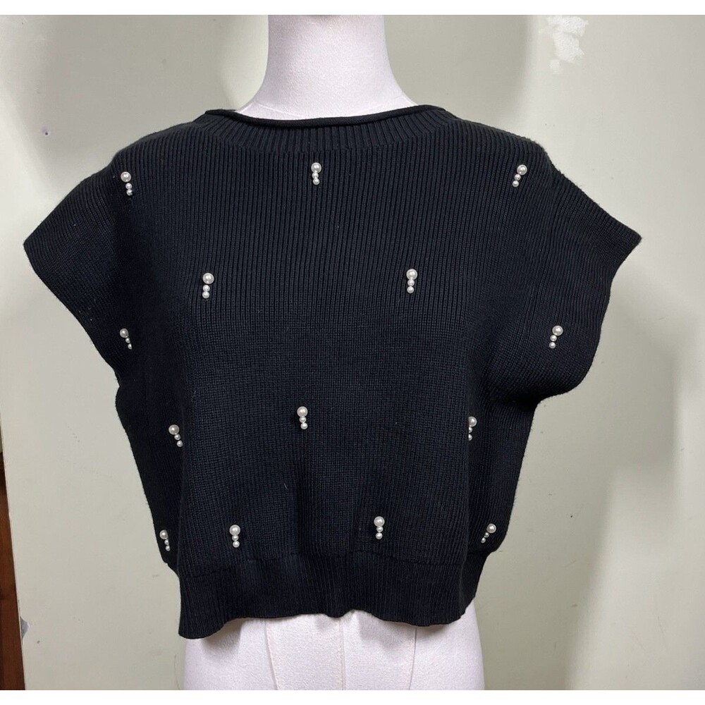 MABLE Sweater Womens Sz S Black Knit Cropped Embellished Sleeveless Chic Elegant
